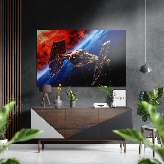 Red and Blue Planet Orbit Starfighter Brushed Aluminum Dibond Wall Art
