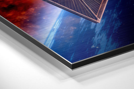 Red and Blue Planet Orbit Starfighter Brushed Aluminum Dibond Wall Art