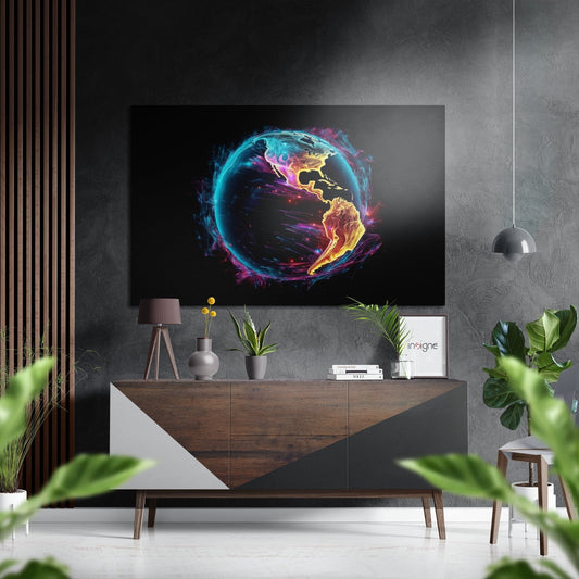 Neon Teal Americas Glowing Earth Brushed Aluminum Dibond Wall Art