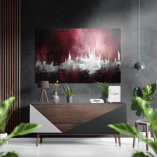 Crimson Sky City Skyline Brushed Aluminum Dibond Wall Art
