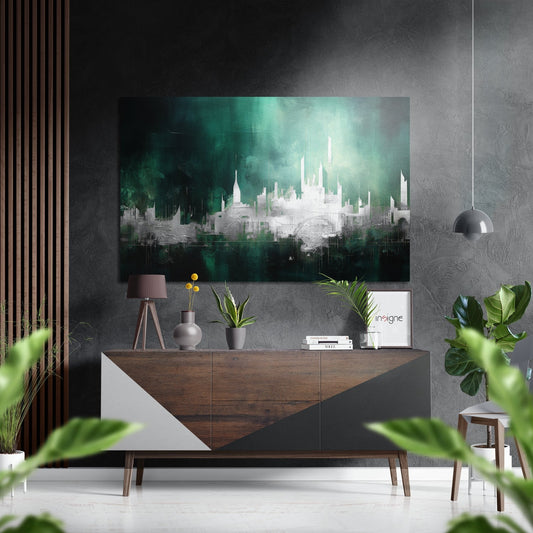 Emerald Mist City Skyline Brushed Aluminum Dibond Wall Art