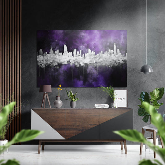 Purple Mirrored City Skyline Brushed Aluminum Dibond Wall Art