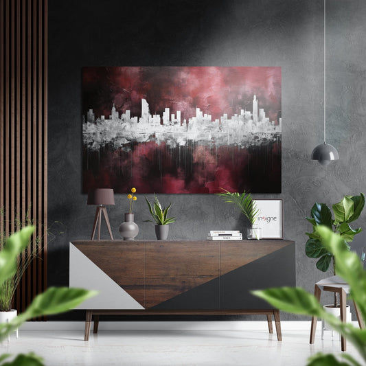 Burgundy Reflected City Skyline Brushed Aluminum Dibond Wall Art