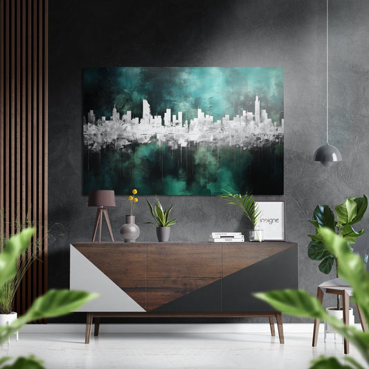 Teal Reflected City Skyline Brushed Aluminum Dibond Wall Art