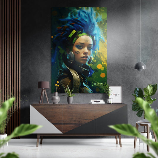 Blue Dreadlocks Cyber Warrior Woman Brushed Aluminum Dibond Wall Art