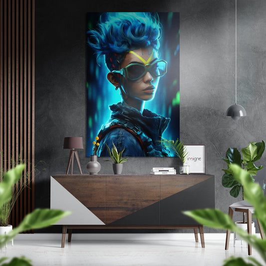 Blue Hair Woman Green Goggles Brushed Aluminum Dibond Wall Art