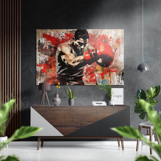 Red Splatter Boxer in Guard Stance Brushed Aluminum Dibond Wall Art