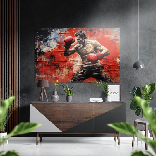 Crimson Textured Boxing Punch Scene Brushed Aluminum Dibond Wall Art