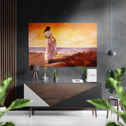 Woman in White Dress at Sunset Beach Brushed Aluminum Dibond Wall Art