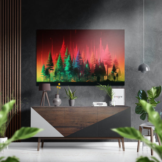 Red And Green Neon Drip Pine Forest Brushed Aluminum Dibond Wall Art