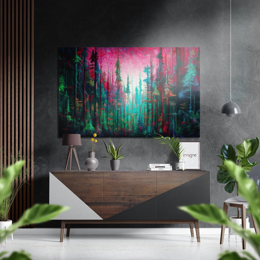 Magenta Glow Deep Green Pine Woods Brushed Aluminum Dibond Wall Art