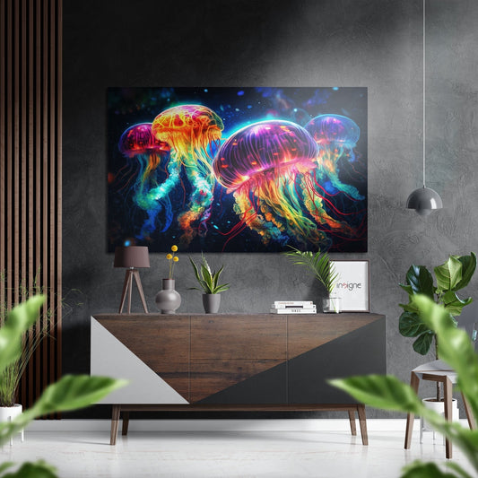 Glowing Jellyfish Swarm Deep Sea Brushed Aluminum Dibond Wall Art