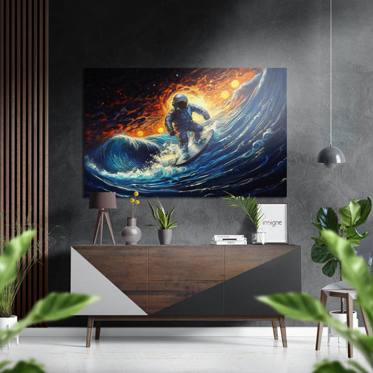 Astronaut Surfer Fiery Orange Sky Brushed Aluminum Dibond Wall Art