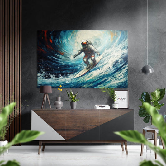 Astronaut Surfing Blue Wave Barrel Brushed Aluminum Dibond Wall Art