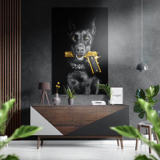Black Doberman With Gold Pistol Brushed Aluminum Dibond Wall Art
