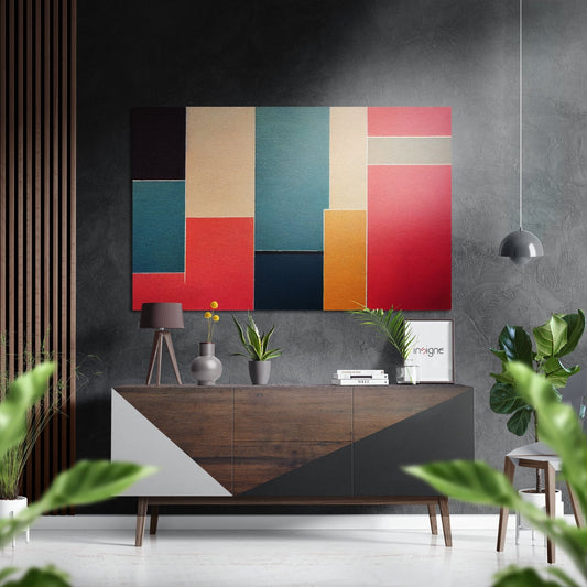 Red and Teal Color Block Rectangles Brushed Aluminum Dibond Wall Art