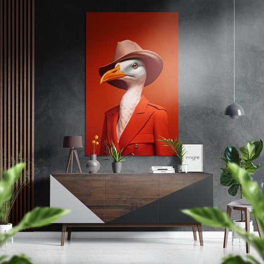 Coral Fedora Goose in Red Coat Brushed Aluminum Dibond Wall Art