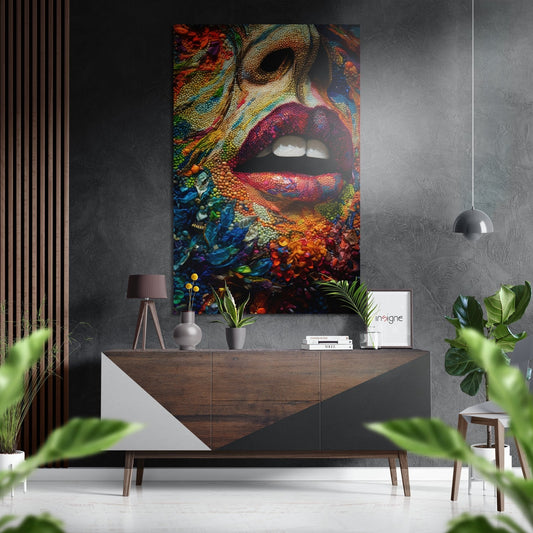 Beaded Mosaic Face With Red Lips Brushed Aluminum Dibond Wall Art