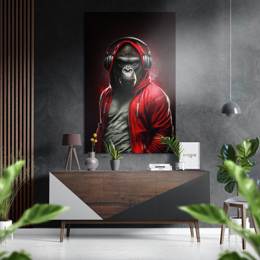 Red Hoodie Gorilla With Headphones Brushed Aluminum Dibond Wall Art
