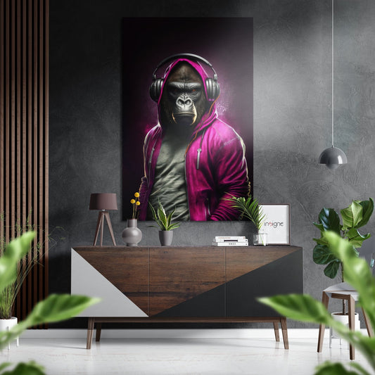 Magenta Hoodie Gorilla With Headphones Brushed Aluminum Dibond Wall Art