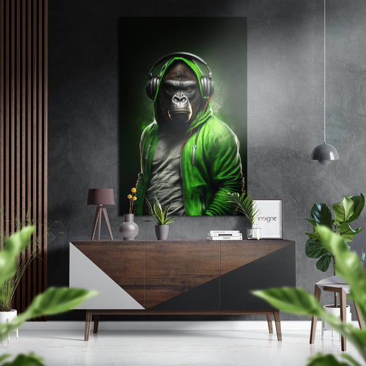 Green Hoodie Gorilla With Headphones Brushed Aluminum Dibond Wall Art