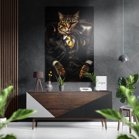 Tabby Cat in Suit Gold Tie Brushed Aluminum Dibond Wall Art