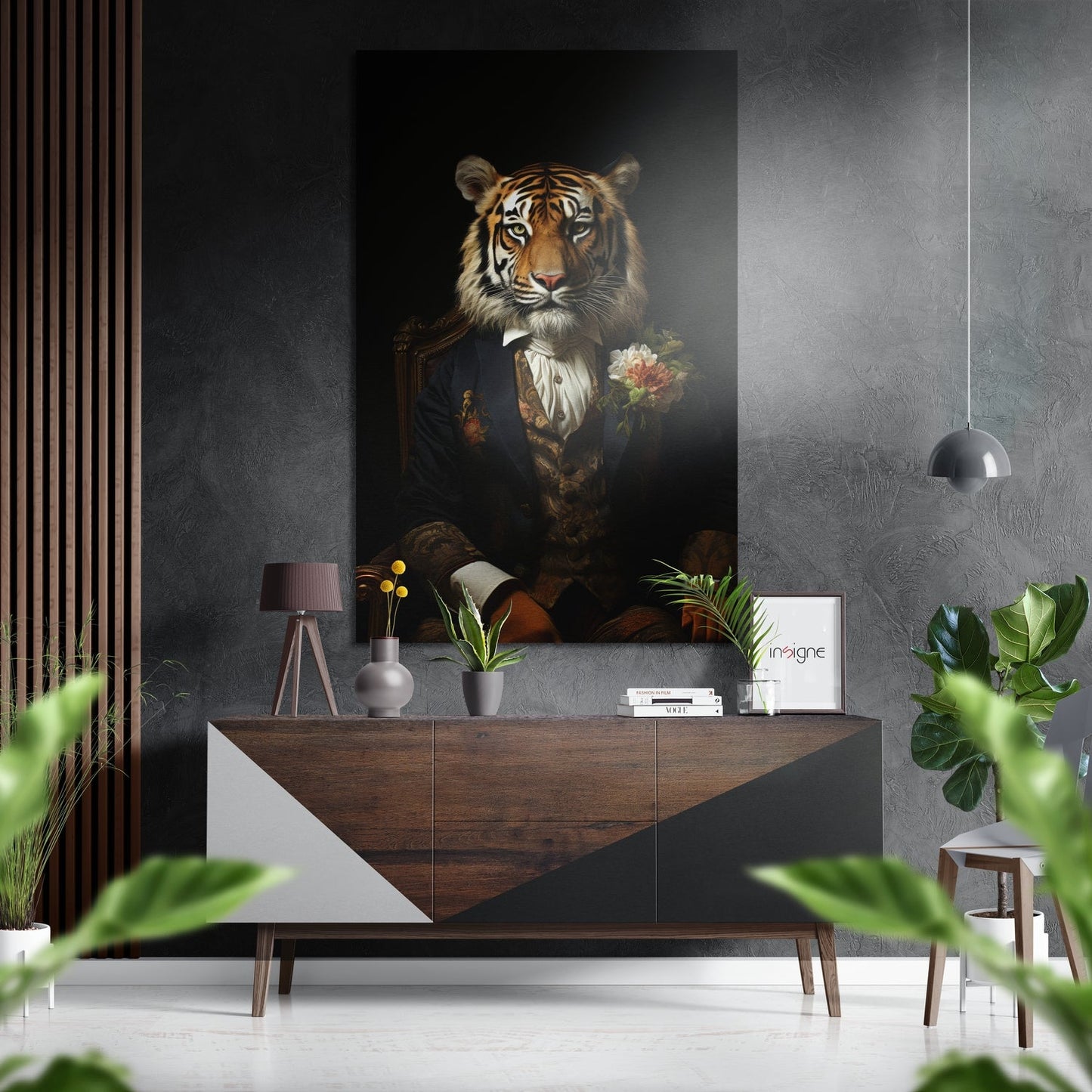 Navy Suit Tiger Holding Flower Bouquet Brushed Aluminum Dibond Wall Art