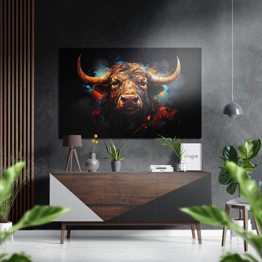 Wide Horn Bull Head Blue Mist Brushed Aluminum Dibond Wall Art