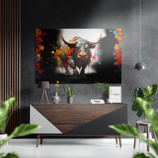Spotlit Striding Bull Red Burst Brushed Aluminum Dibond Wall Art