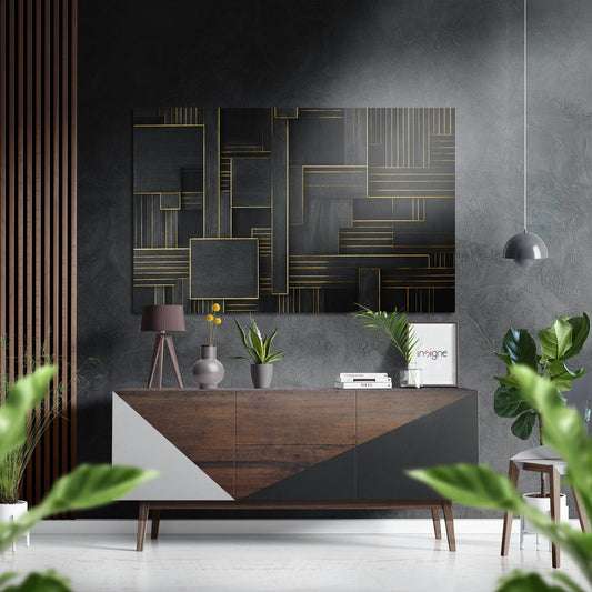 Gold Line Geometry on Black Brushed Aluminum Dibond Wall Art