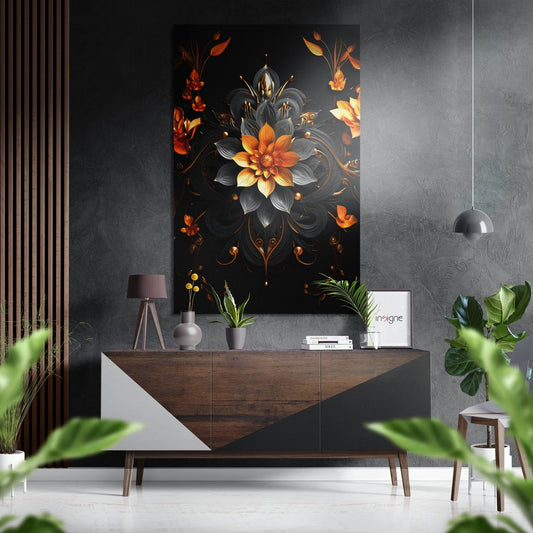 Orange And Grey Ornate Lotus Bloom Brushed Aluminum Dibond Wall Art