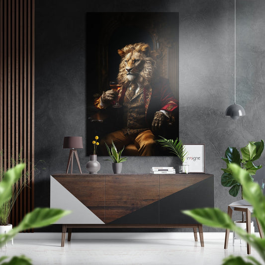 Red Velvet Coat Lion With Brandy Brushed Aluminum Dibond Wall Art