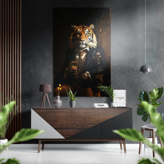 Chandelier Lounge Tiger in Dark Suit Brushed Aluminum Dibond Wall Art