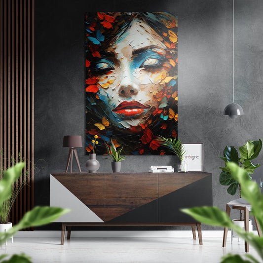 Autumn Leaves Portrait Woman Brushed Aluminum Dibond Wall Art