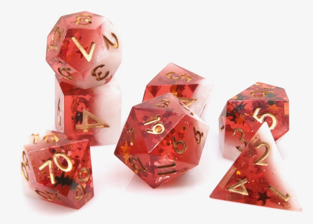 Translucent Red on Opaque White w/Foil Flakes 7-Dice Set Resin Sharp Edge RPG DND