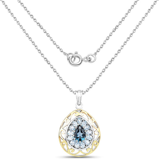 18K Yellow Gold Plated 4.44 Carat Genuine London Blue Topaz and Blue Topaz .925 Sterling Silver Pendant