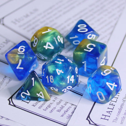 Starry Night Glitter Blue with White Numbering 7-Dice Set RPG