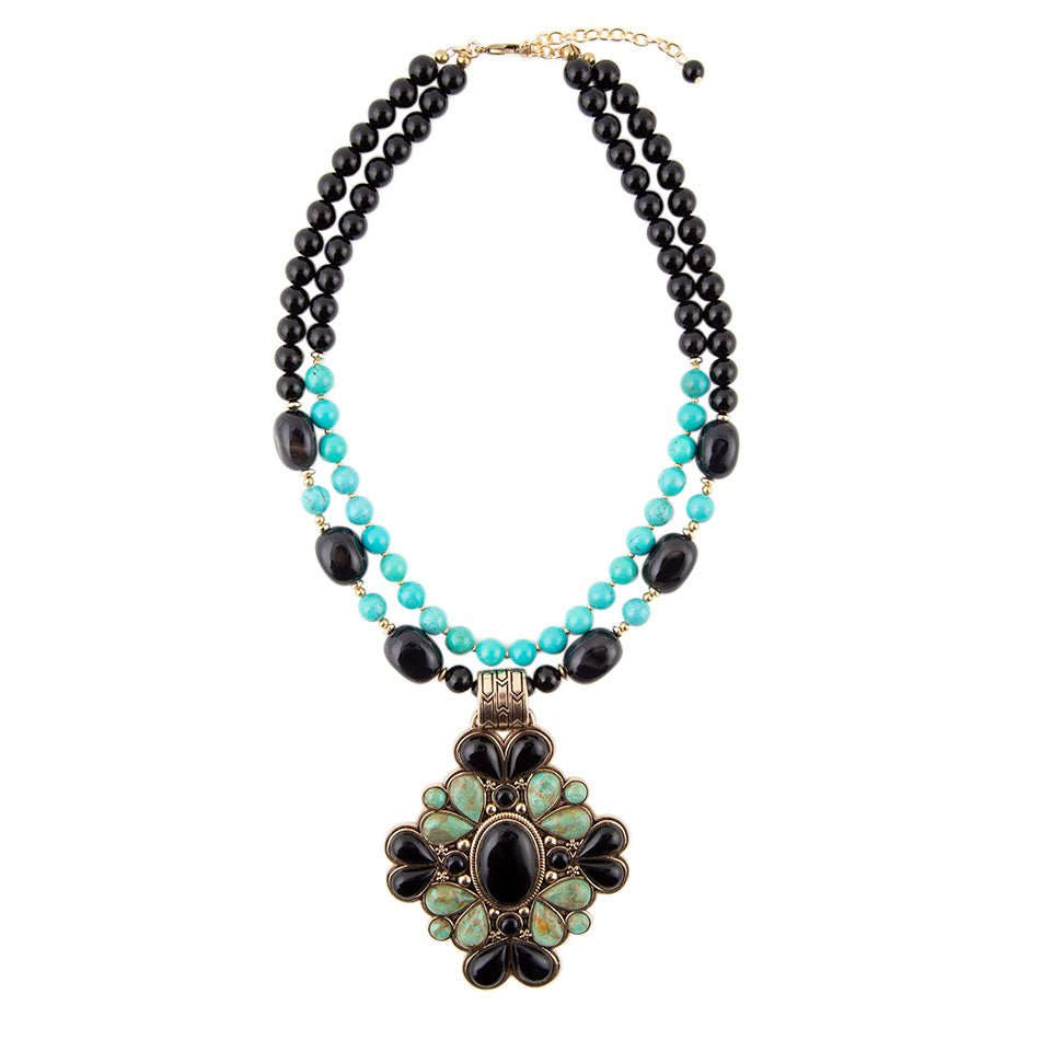 Barcelona Blue Turquoise and Black Onyx Golden Statement Necklace Otarealm