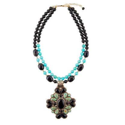 Barcelona Blue Turquoise and Black Onyx Golden Statement Necklace Otarealm