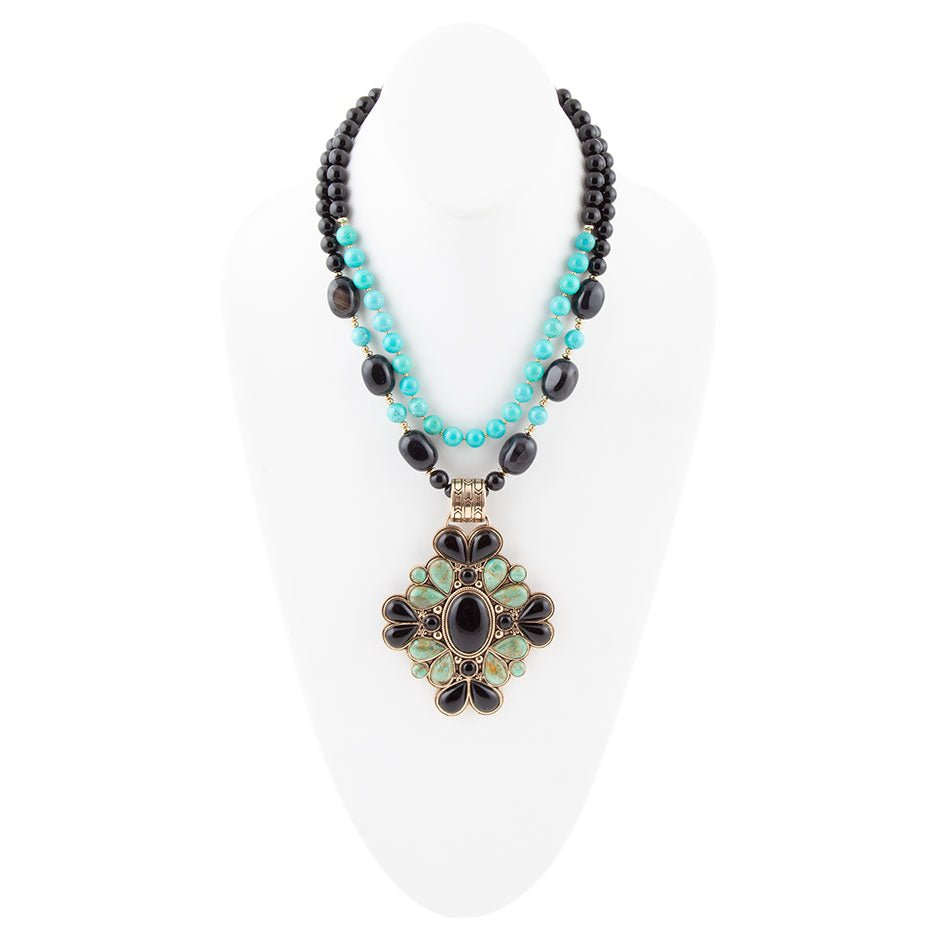 Barcelona Blue Turquoise and Black Onyx Golden Statement Necklace Otarealm