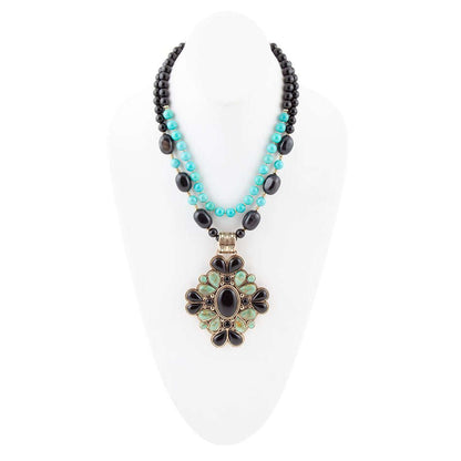 Barcelona Blue Turquoise and Black Onyx Golden Statement Necklace Otarealm