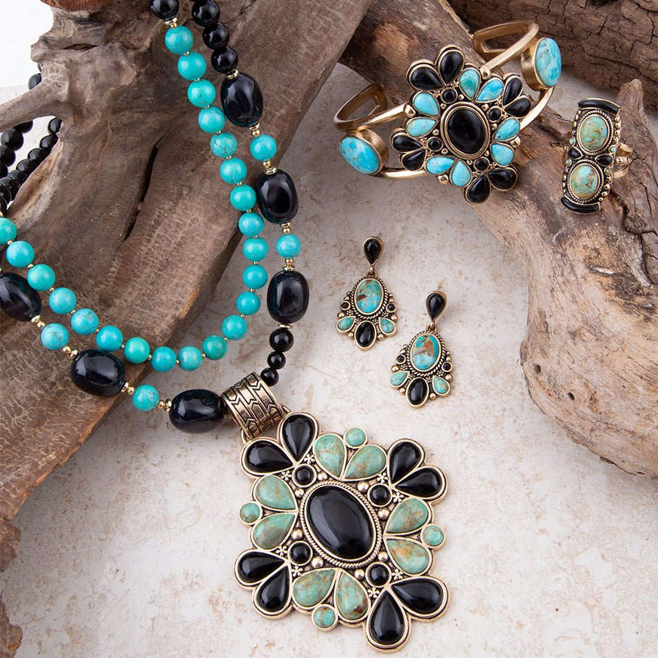 Barcelona Blue Turquoise and Black Onyx Golden Statement Necklace Otarealm