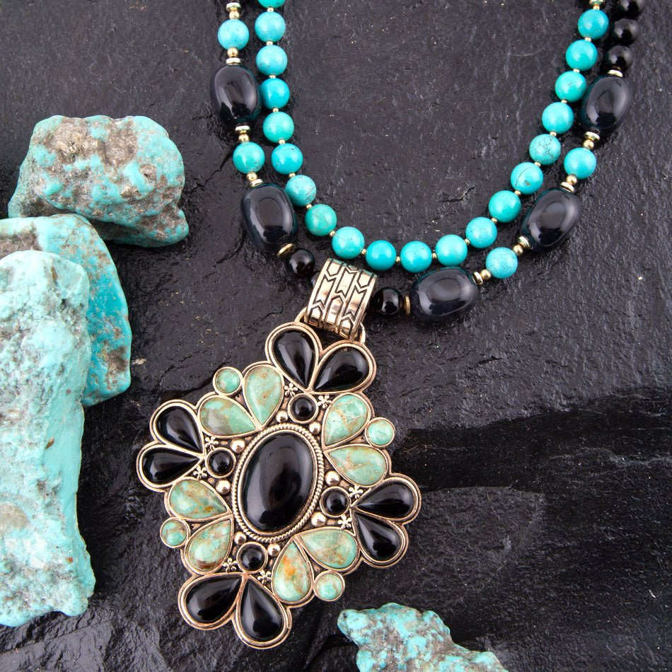 Barcelona Blue Turquoise and Black Onyx Golden Statement Necklace Otarealm