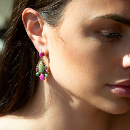 Barcelona Blue Turquoise and Pink Agate Golden Drop Earrings