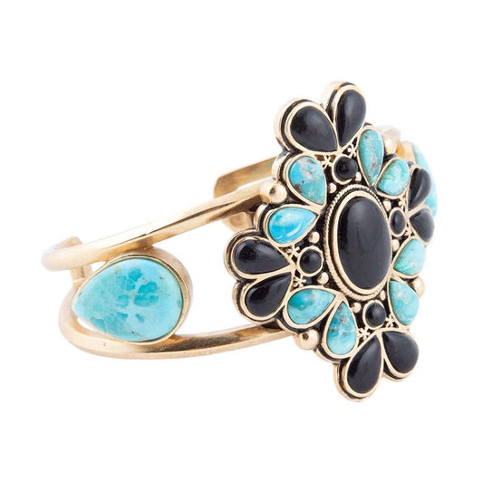 Barcelona Blue Turquoise Black Onyx Golden Cuff Bracelet Otarealm