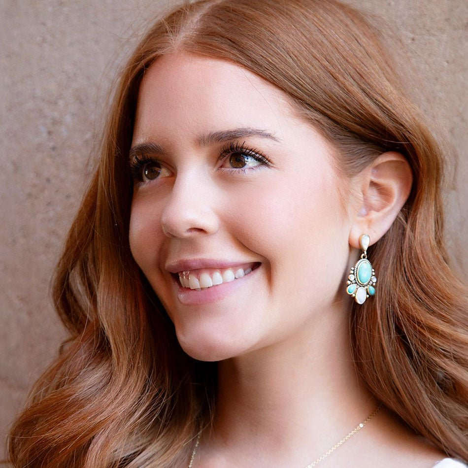Barcelona Turquoise and Mother of Pearl Post Drop Earrings Otarealm