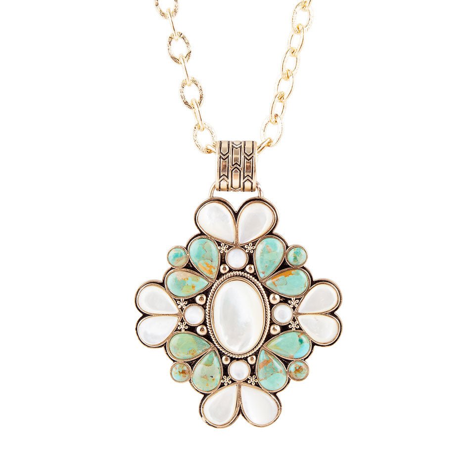 Barcelona Blue Turquoise and Mother of Pearl Golden Statement Necklace