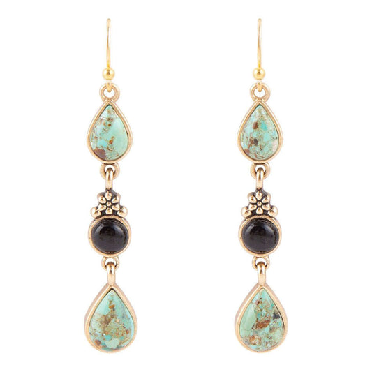 Barcelona Blue Turquoise and Black Onyx Linear Drop Golden Earrings Otarealm