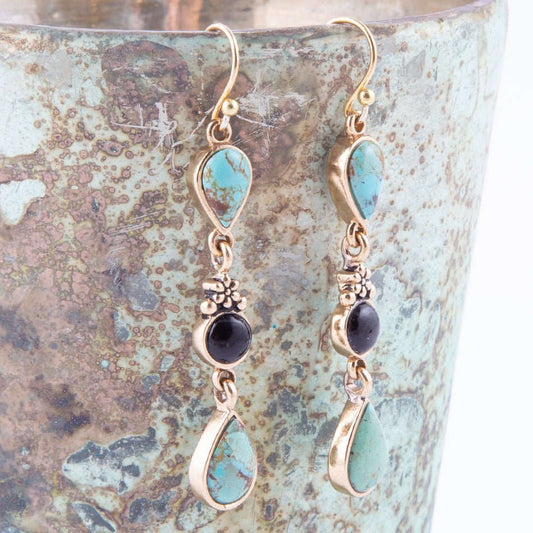 Barcelona Blue Turquoise and Black Onyx Linear Drop Golden Earrings Otarealm