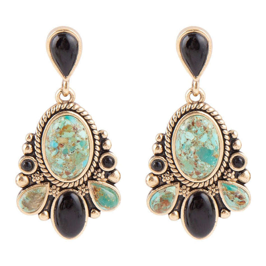 Barcelona Blue Turquoise and Black Onyx Post Drop Golden Earrings Otarealm